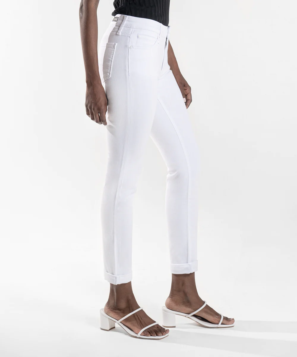 Side view of Kut from the Kloth white boyfriend jeans