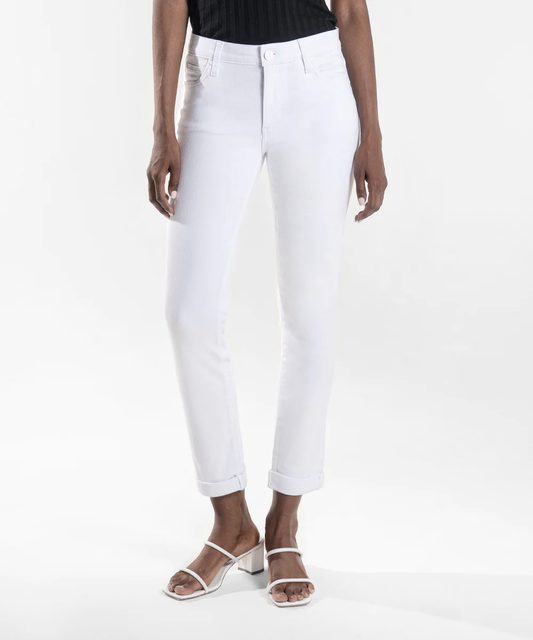 Front view of Kut from the Kloth white boyfriend jeans