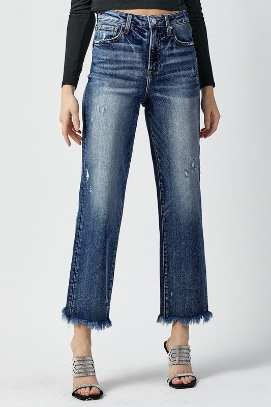 Risen RDP5116 high waist straight jeans with raw hem – dark wash