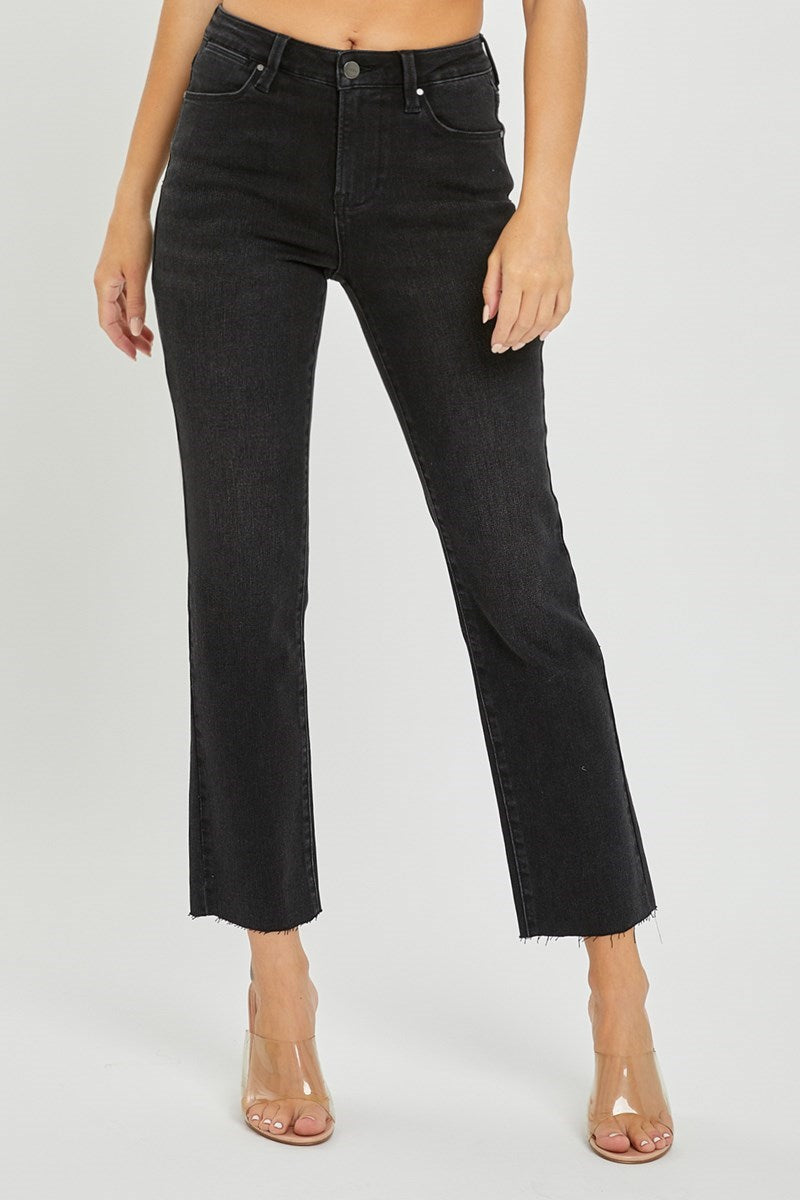 Risen Jeans Style RDP5203HD-BLACK — High Rise Distressed Straight Leg Jeans in Black