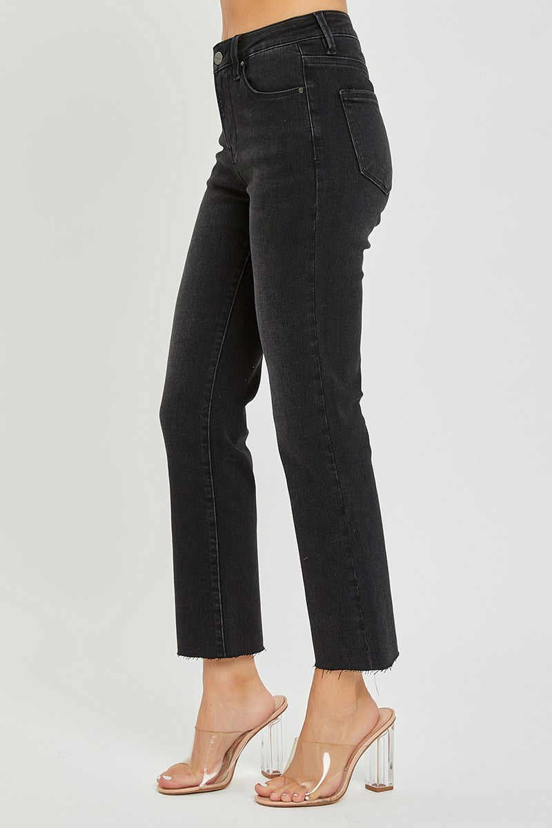 Risen Jeans Style RDP5203HD-BLACK — High Rise Distressed Straight Leg Jeans in Black
