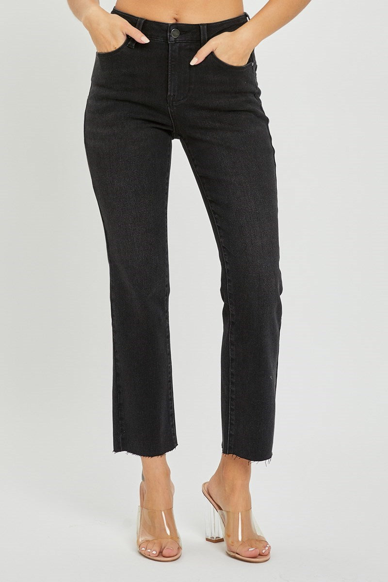 Risen Jeans Style RDP5203HD-BLACK — High Rise Distressed Straight Leg Jeans in Black