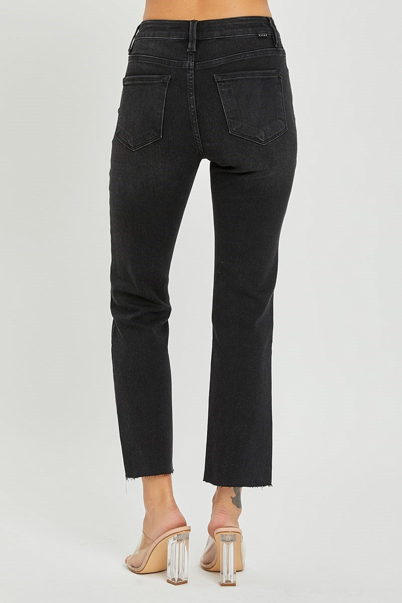 Risen Jeans Style RDP5203HD-BLACK — High Rise Distressed Straight Leg Jeans in Black