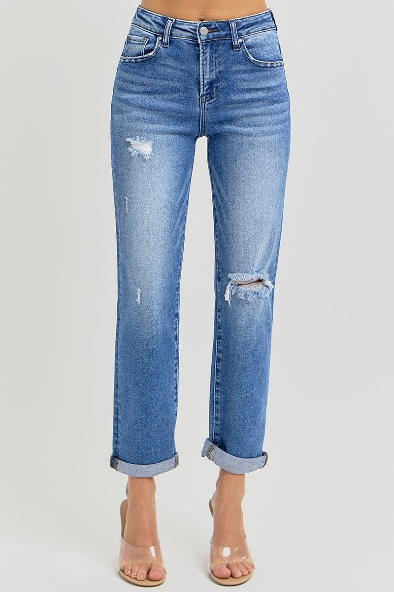Cuffed hem girlfriend jeans in light wash by Risen