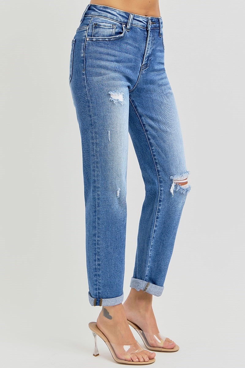 Side view of RDP5343RT high rise girlfriend jeans in Rattan wash