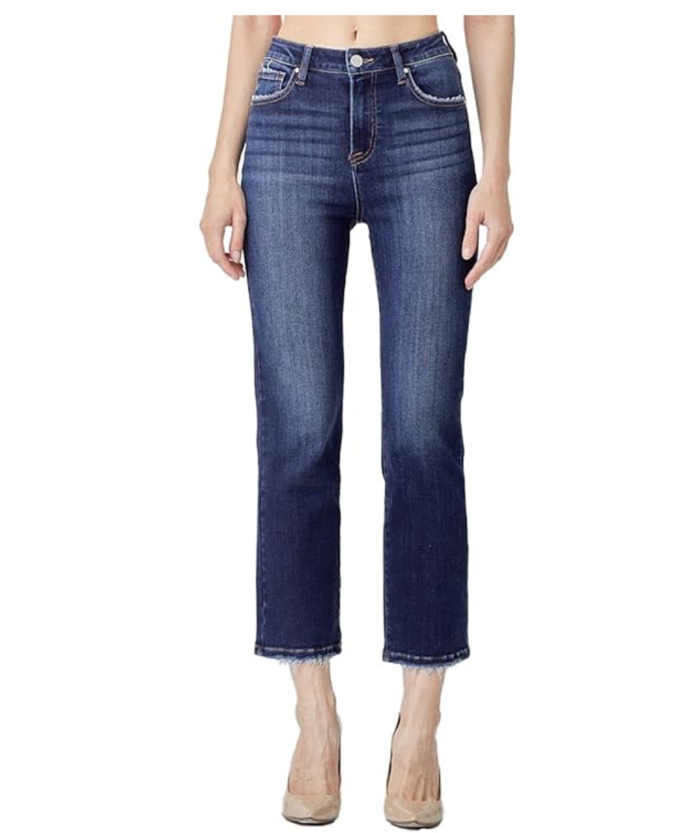 Risen Jeans Women’s High Rise Crop Straight Jeans – Dark Wash (Style RDP5250)