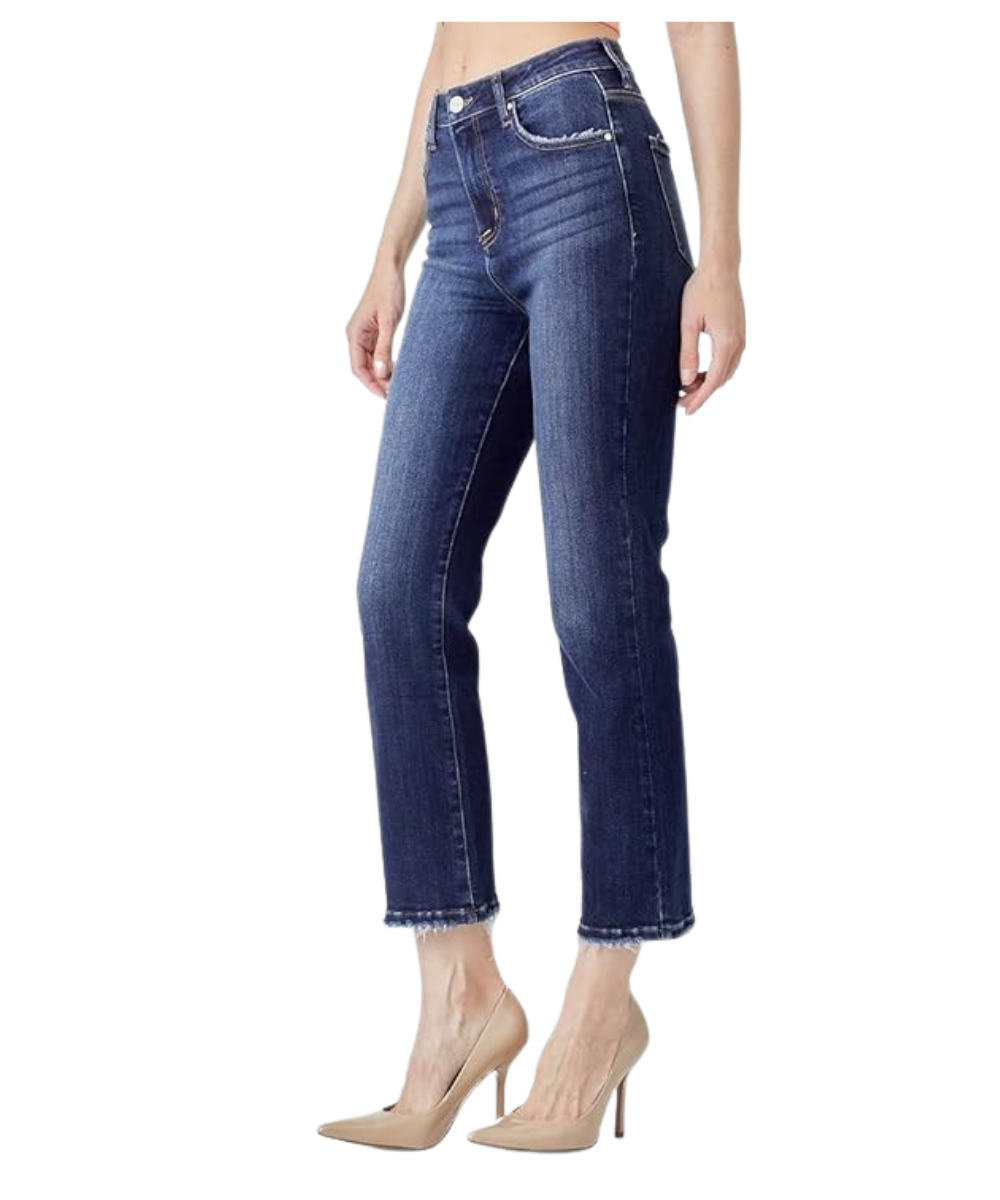 Risen Jeans Women’s High Rise Crop Straight Jeans – Dark Wash (Style RDP5250)