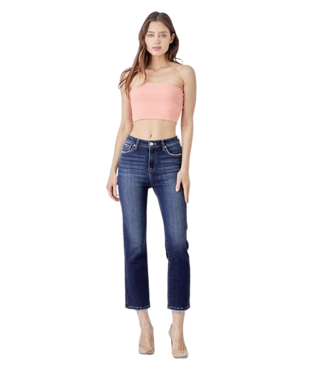 Risen Jeans Women’s High Rise Crop Straight Jeans – Dark Wash (Style RDP5250)