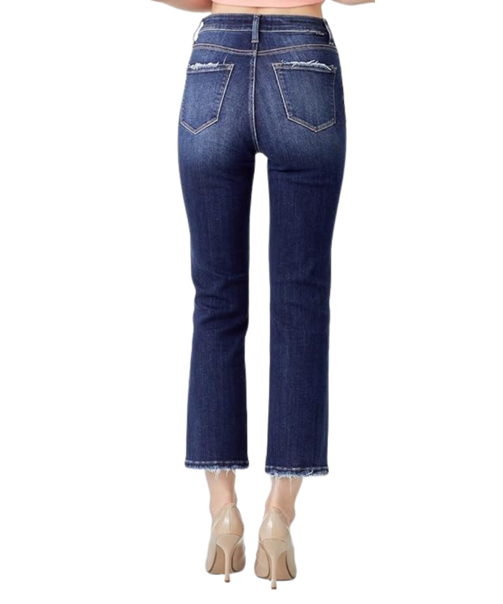 Risen Jeans Women’s High Rise Crop Straight Jeans – Dark Wash (Style RDP5250)